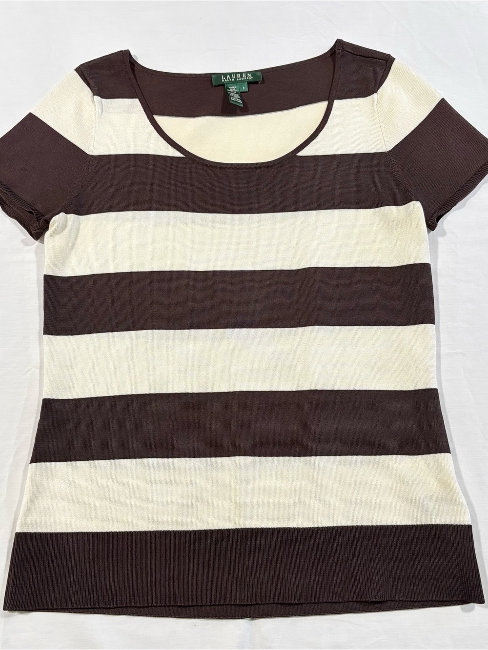 Lauren Ralph Lauren Brown and Cream Wide-Stripe Scoop Neck Tee